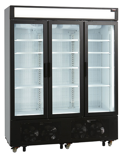 Armoire De Stockage Negative 3 Portes Vitree Avec Serrure Froid Ventile -12/-22  15 Etageres Reglables R290 Finition Blanc Contour Noir 1252L