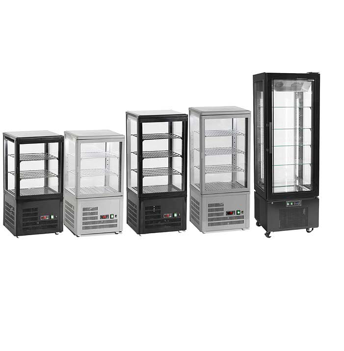 Vitrine 4 Faces Vitrées Positive Ventilé +2/+10°C Porte Battante 80 Litres 3 Etageres 