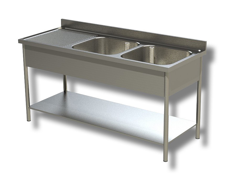 Plonge Adossee 2 Bacs Egouttoir A Gauche Pieds Ronds Avec Etagere Bonde De 50 Dim Bac  400X400X300