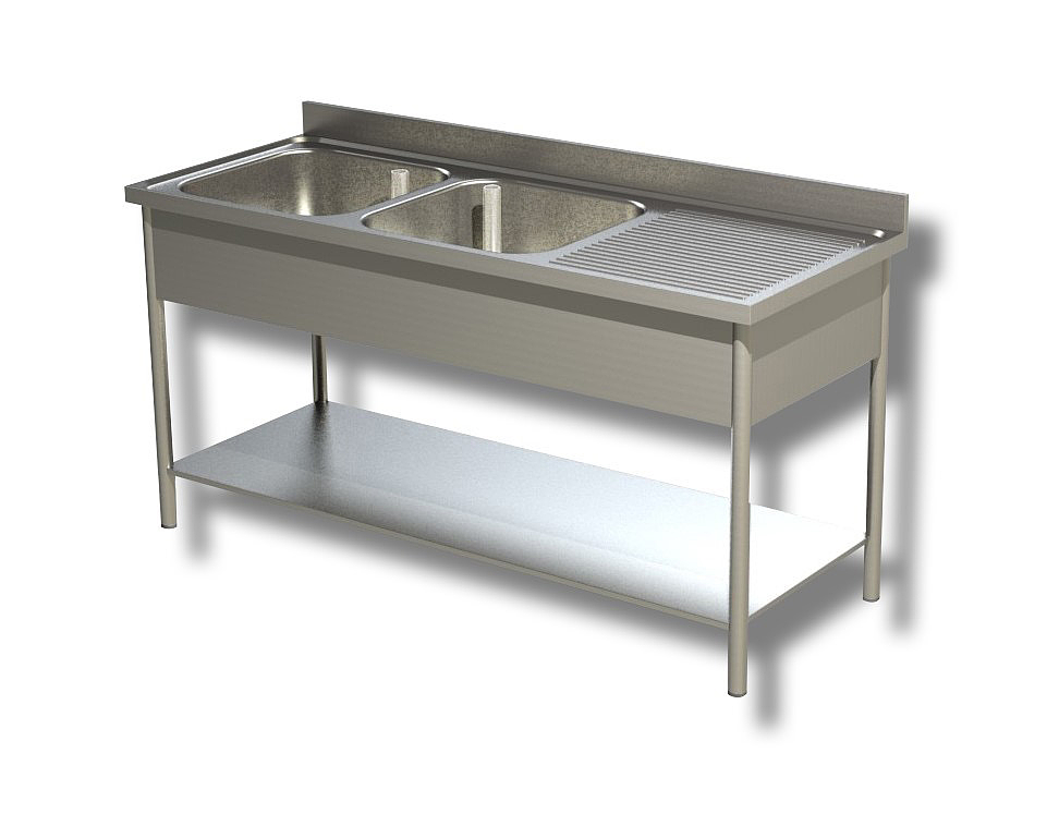 Plonge Adossee 2 Bacs Egouttoir A Droite Pieds Ronds Avec Etagere Bonde De 50 Dim Bac  