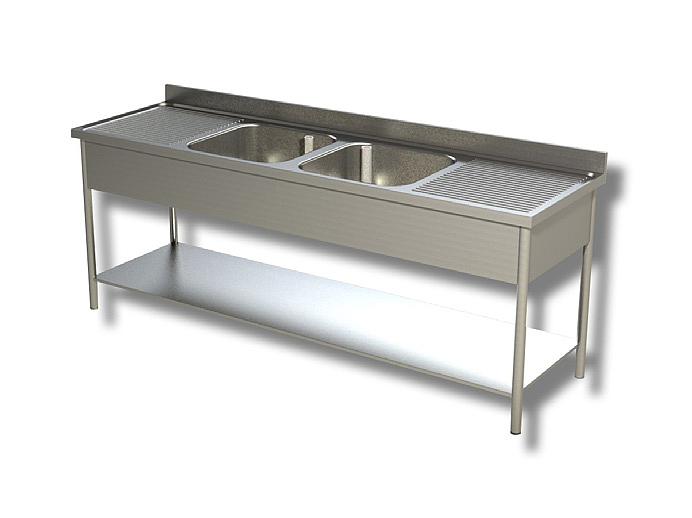 Plonge 2 Bacs 2 Egouttoirs Pieds Ronds Avec Etagere Basse Dim Bacs 500X400X300