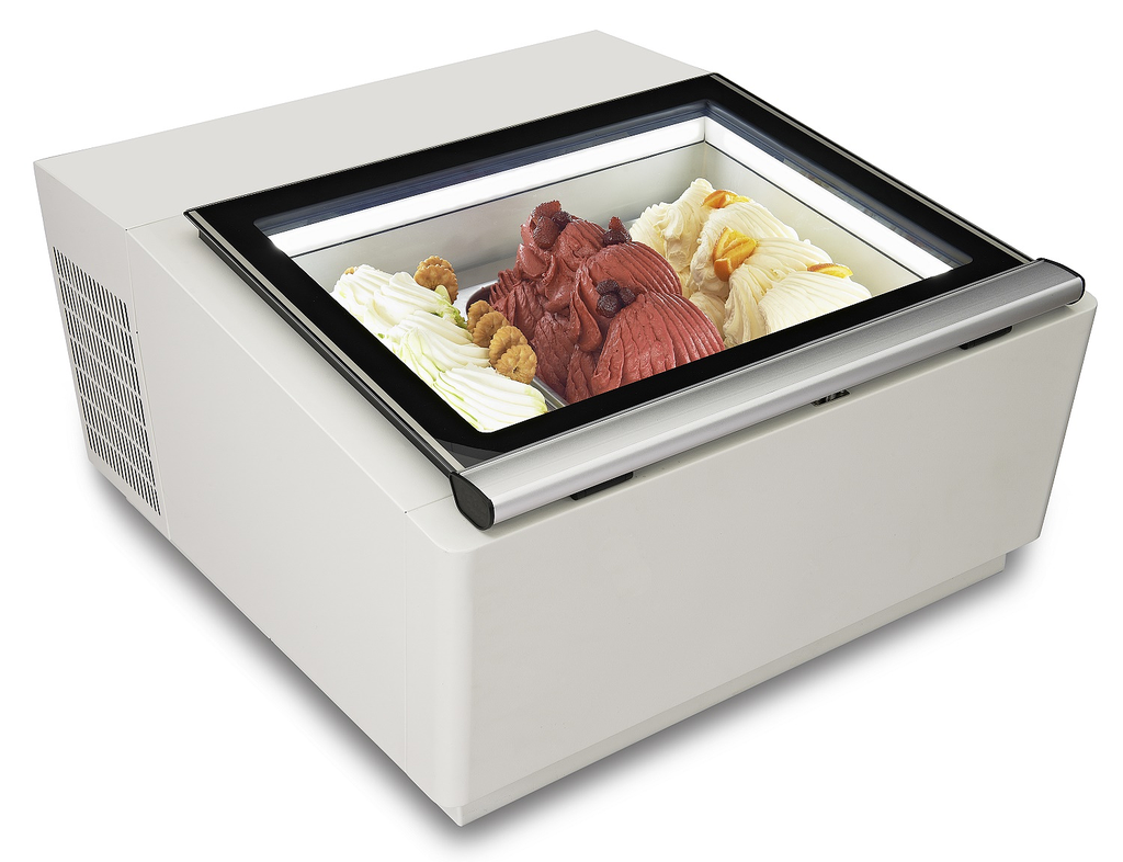 Modèle De Table Vitrine À Creme Glacée Blanc  S'Ouvre Du Côté Fonctionnement