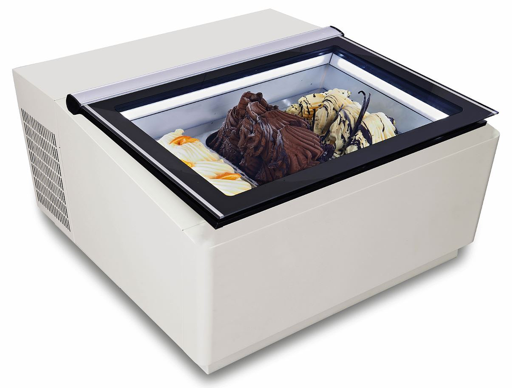 Modèle De Table Vitrine À Creme Glacée Blanc  S'Ouvre Du Côté Client